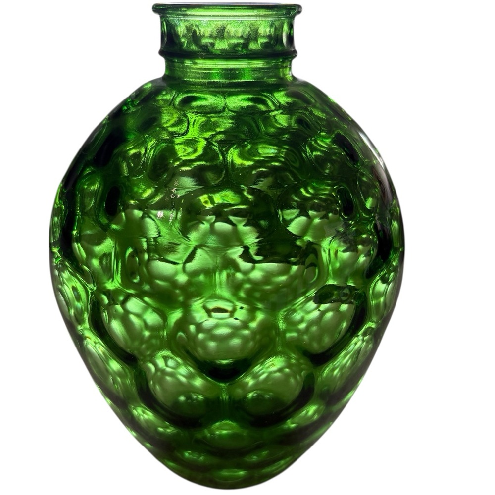 Vintage Emerald Green Glass Vase Grape Cluster Bubble Textured Jar 8.5"